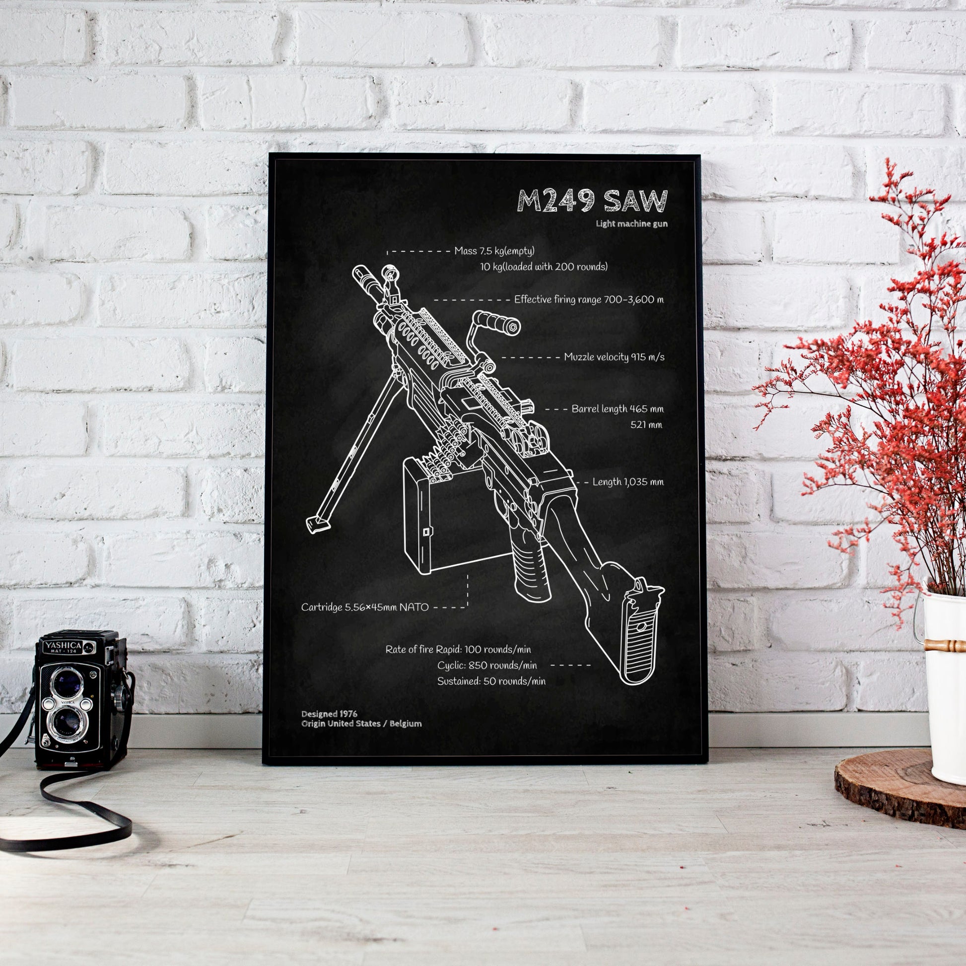 M249 light machine gun blueprint poster wall art