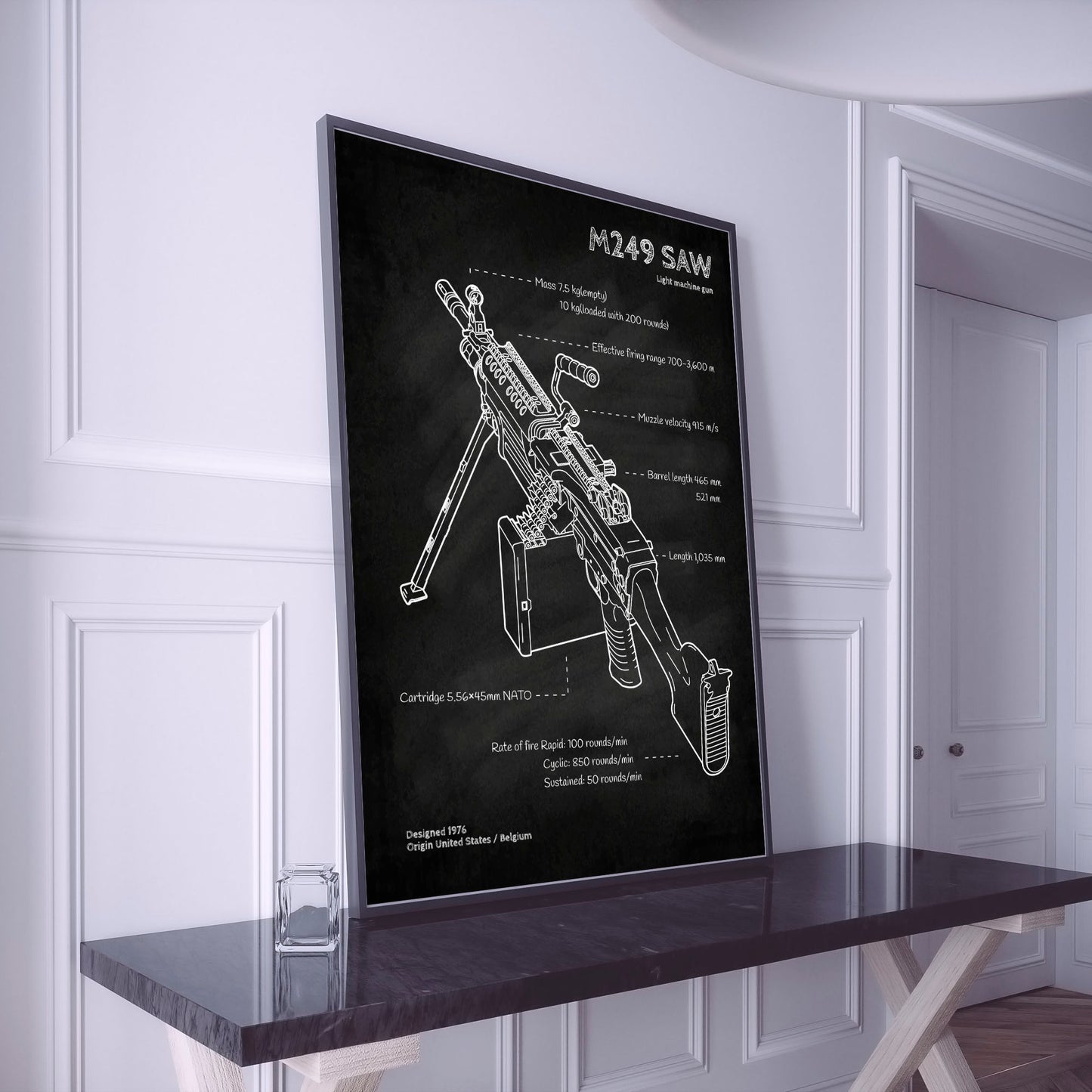 M249 light machine gun blueprint poster wall art