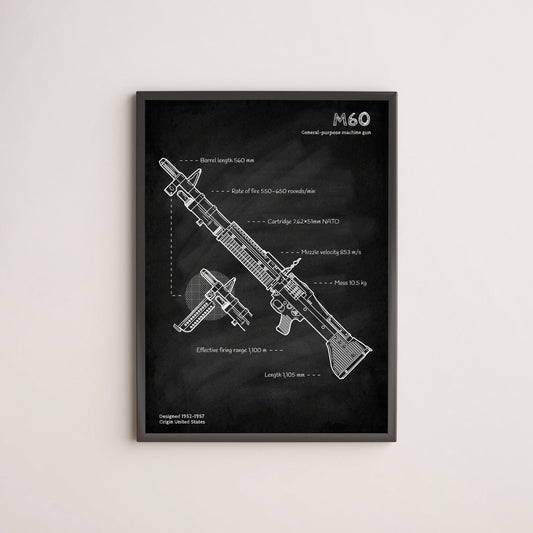 M60 machine gun blueprint poster wall art