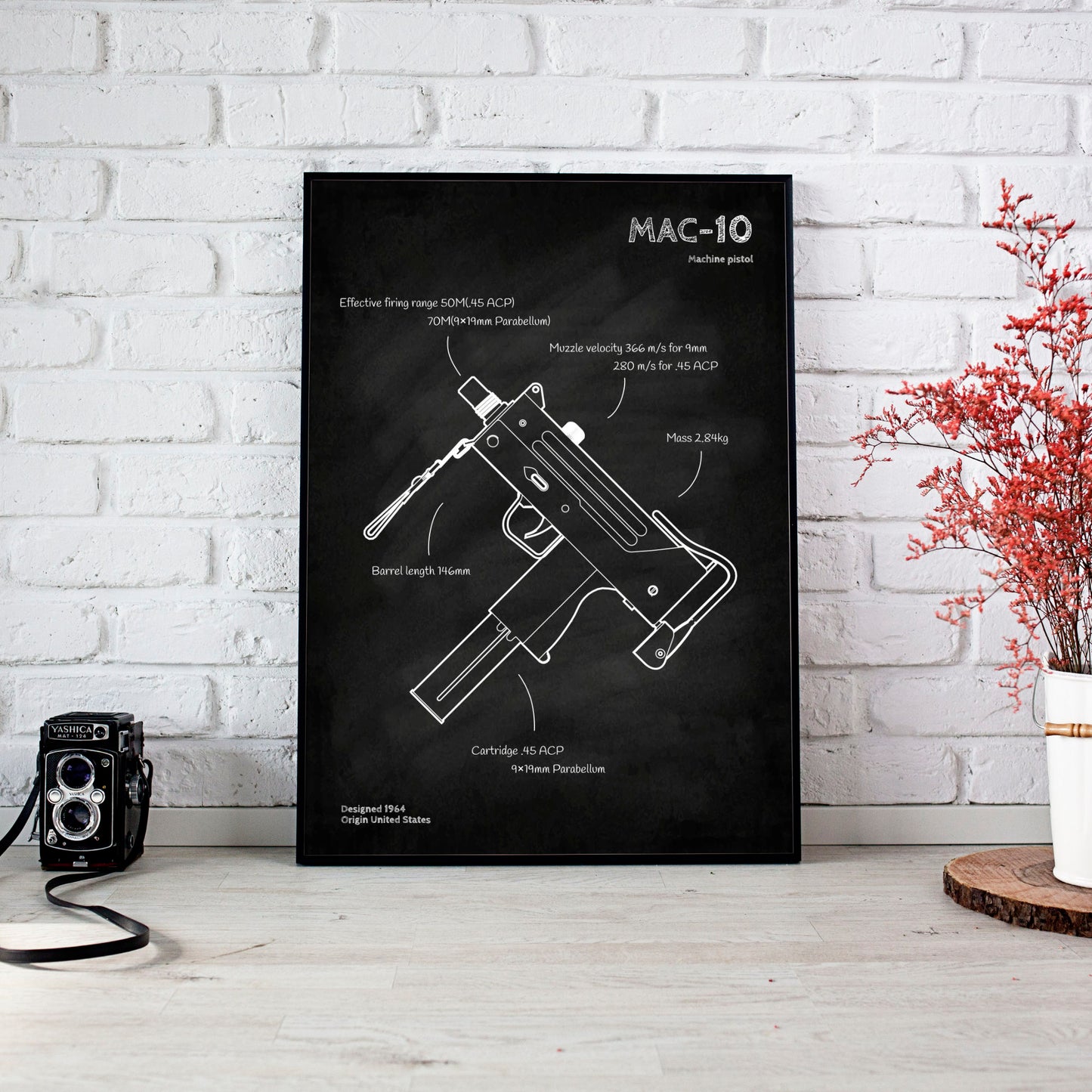 MAC-10 machine pistol blueprint poster wall decor