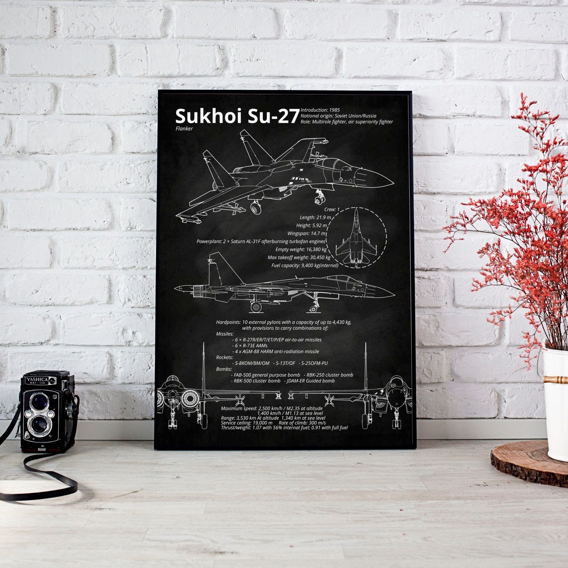 Sukhoi Su-27 Flanker blueprint poster wall decor