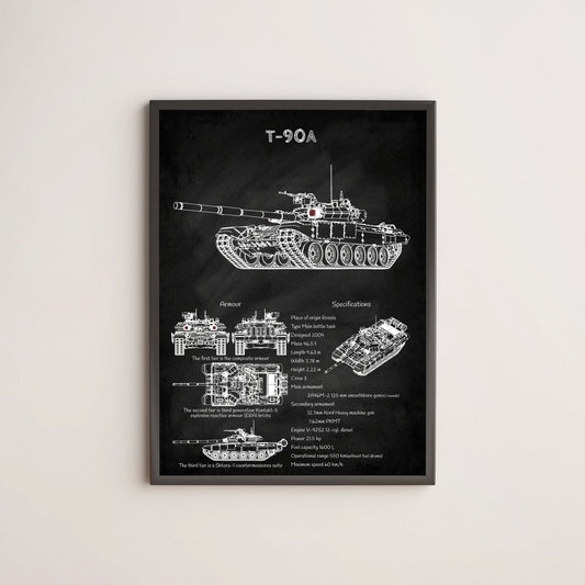 T-90 tank blueprint poster wall decor