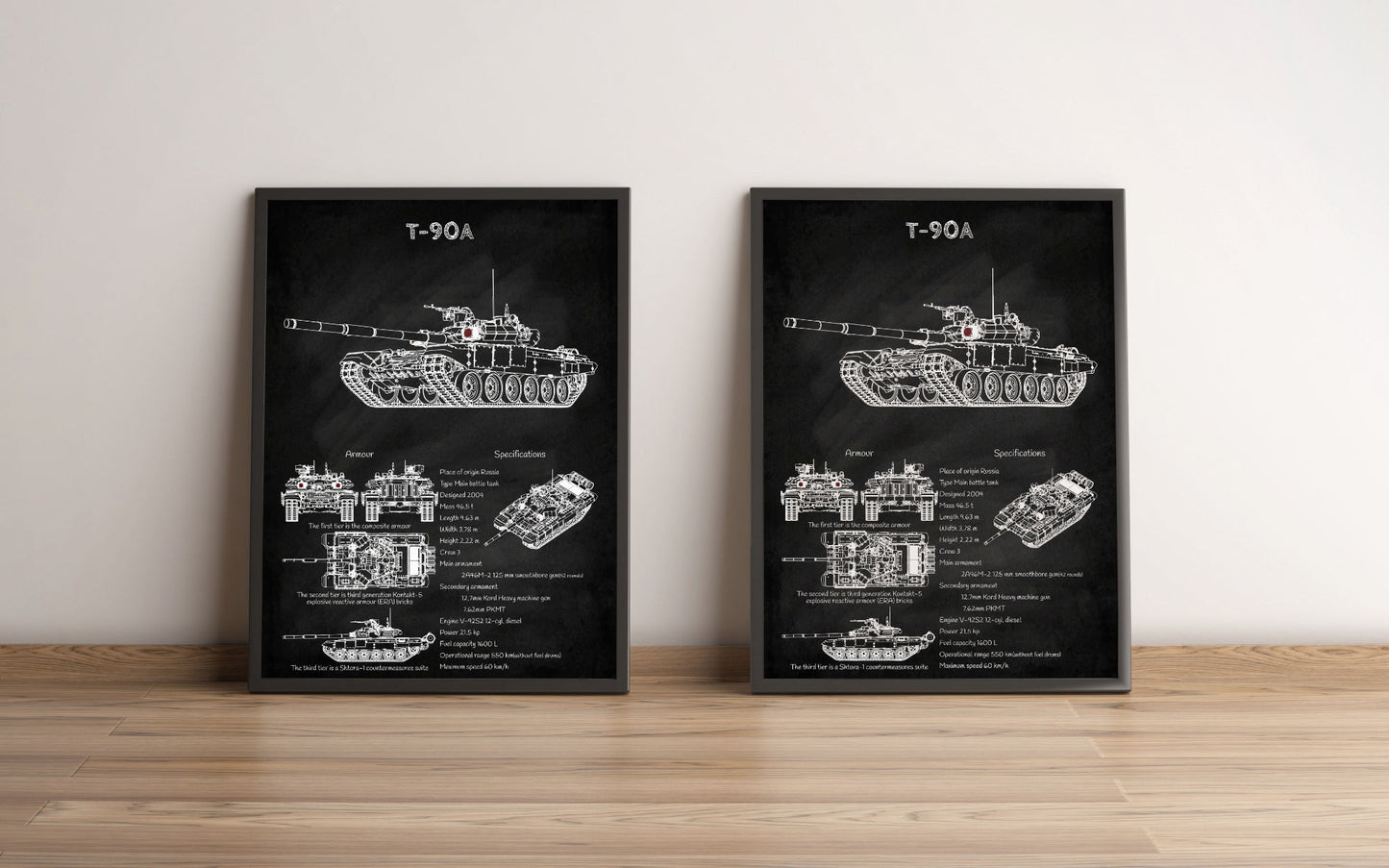 T-90 tank blueprint poster wall decor