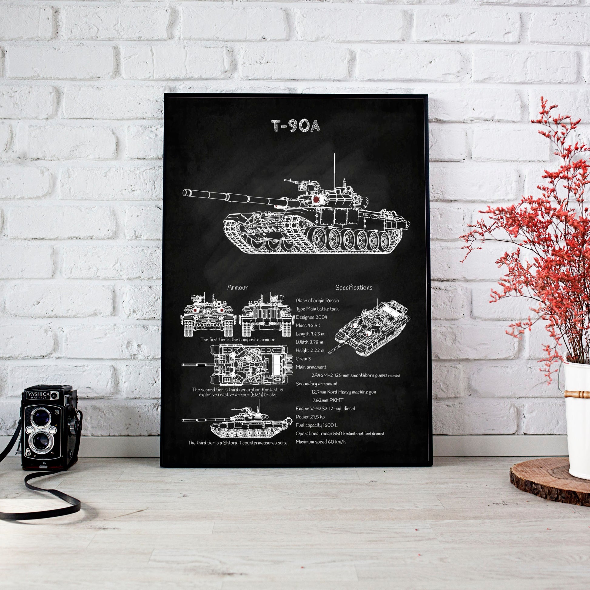 T-90 tank blueprint poster wall decor