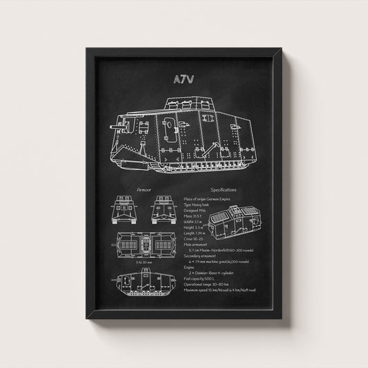 Framed A7V heavy tank blueprint poster hanging on wall – military wall art for home or office