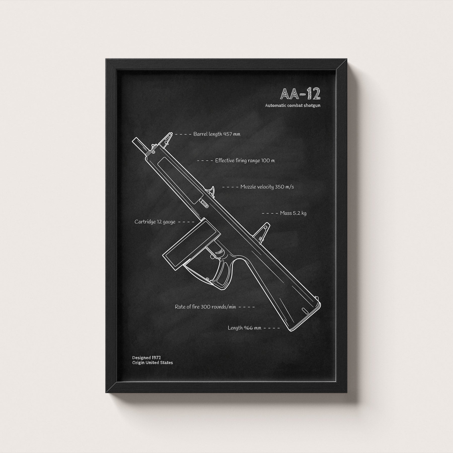 Framed AA-12 shotgun blueprint poster - minimalist firearm wall art hanging on wall