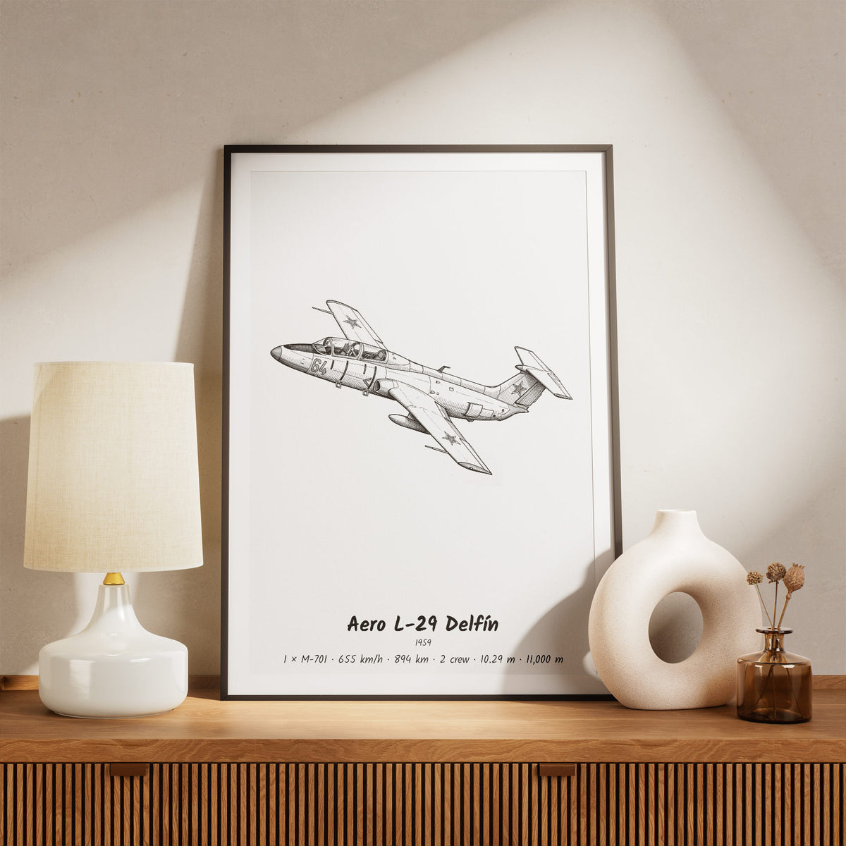 Framed Aero L-29 Delfín Print on a Shelf