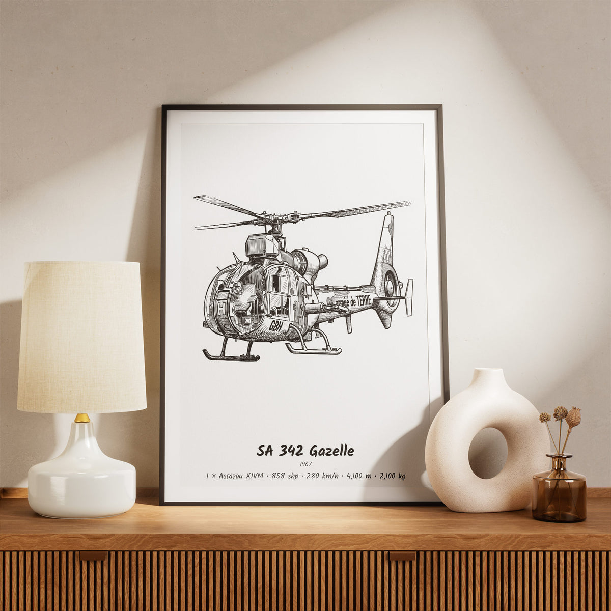 Framed Aérospatiale SA 342 Gazelle Print on a Shelf