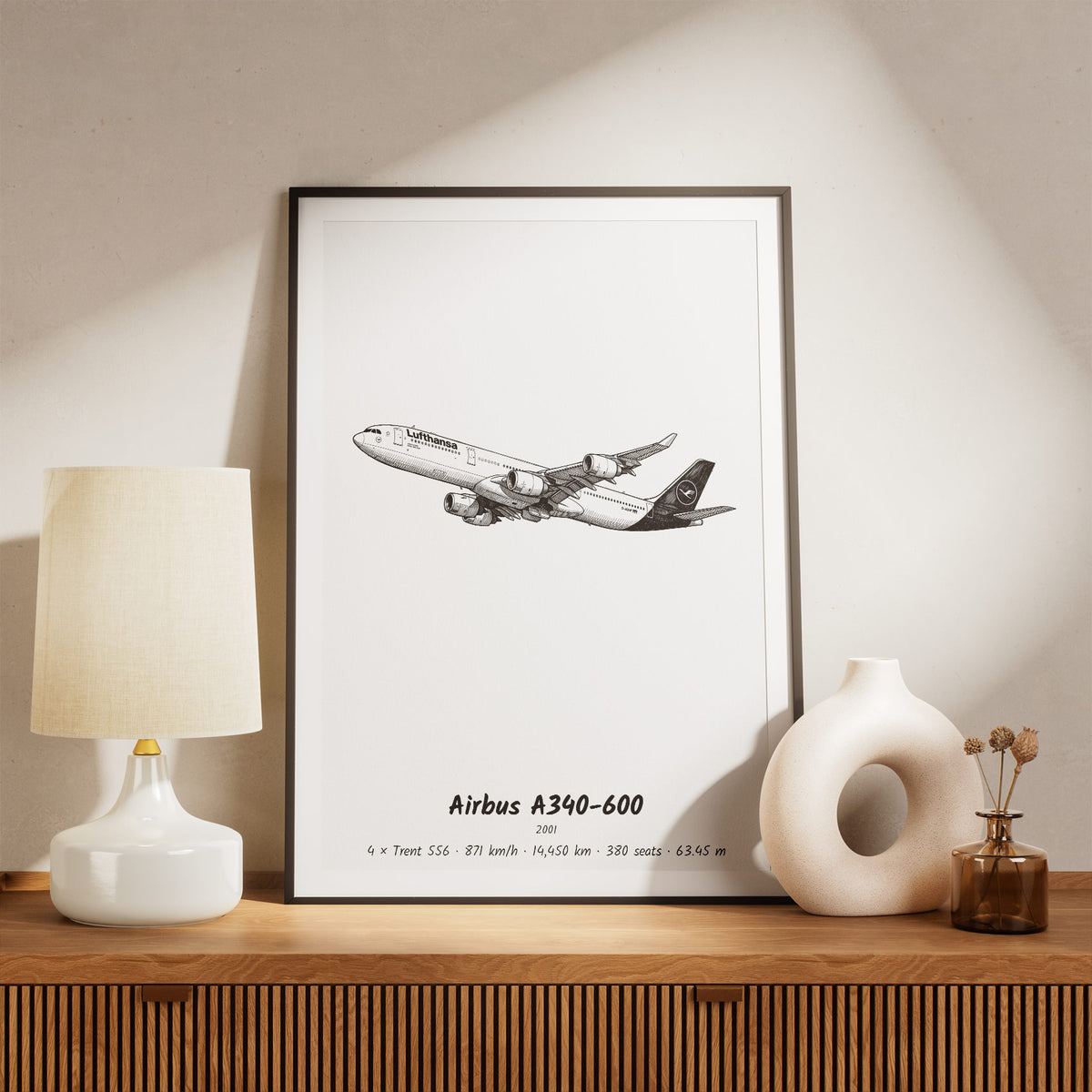 Framed A340-600 Print on a Shelf