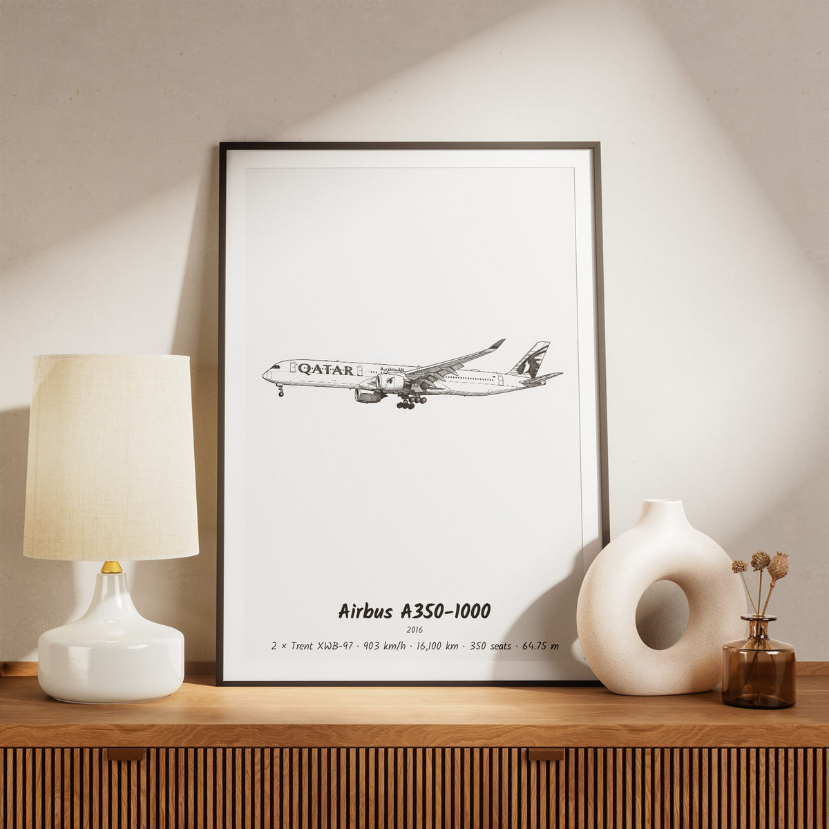 Framed A350-1000 Print on a Shelf