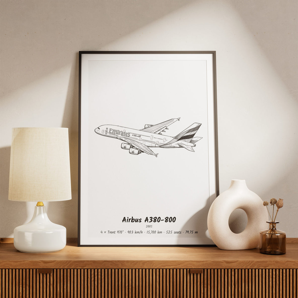 Framed A380-800 Print on a Shelf