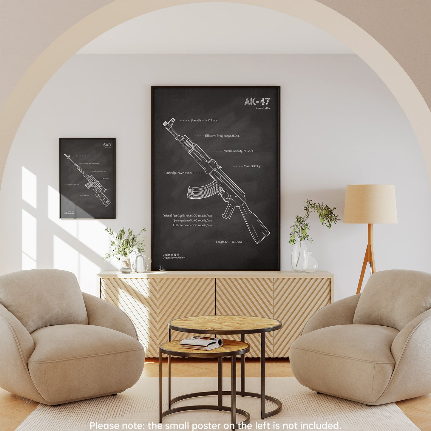 Framed AK-47 blueprint wall art - military poster decor in living room