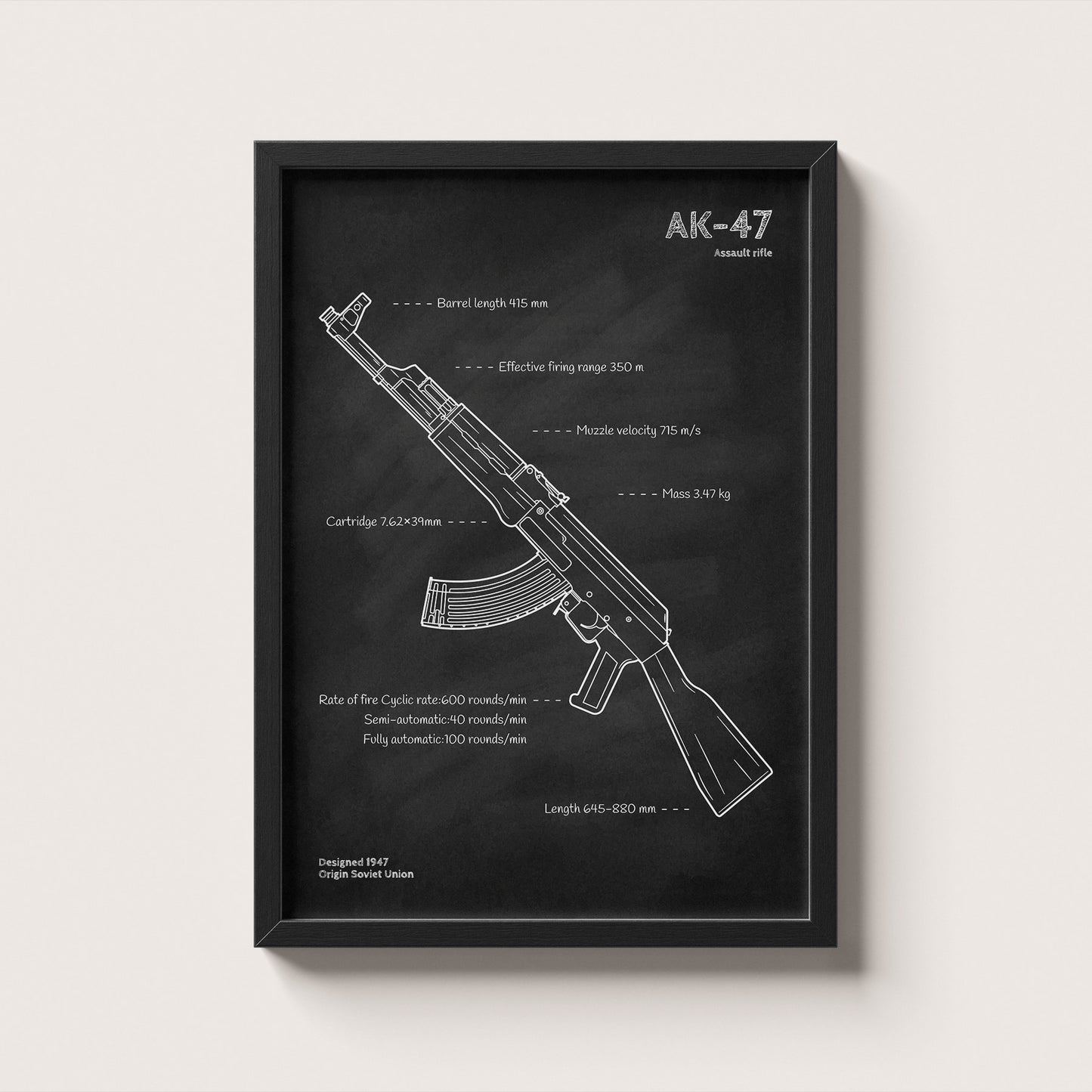 Framed AK-47 blueprint poster - minimalist firearm wall art hanging on wall