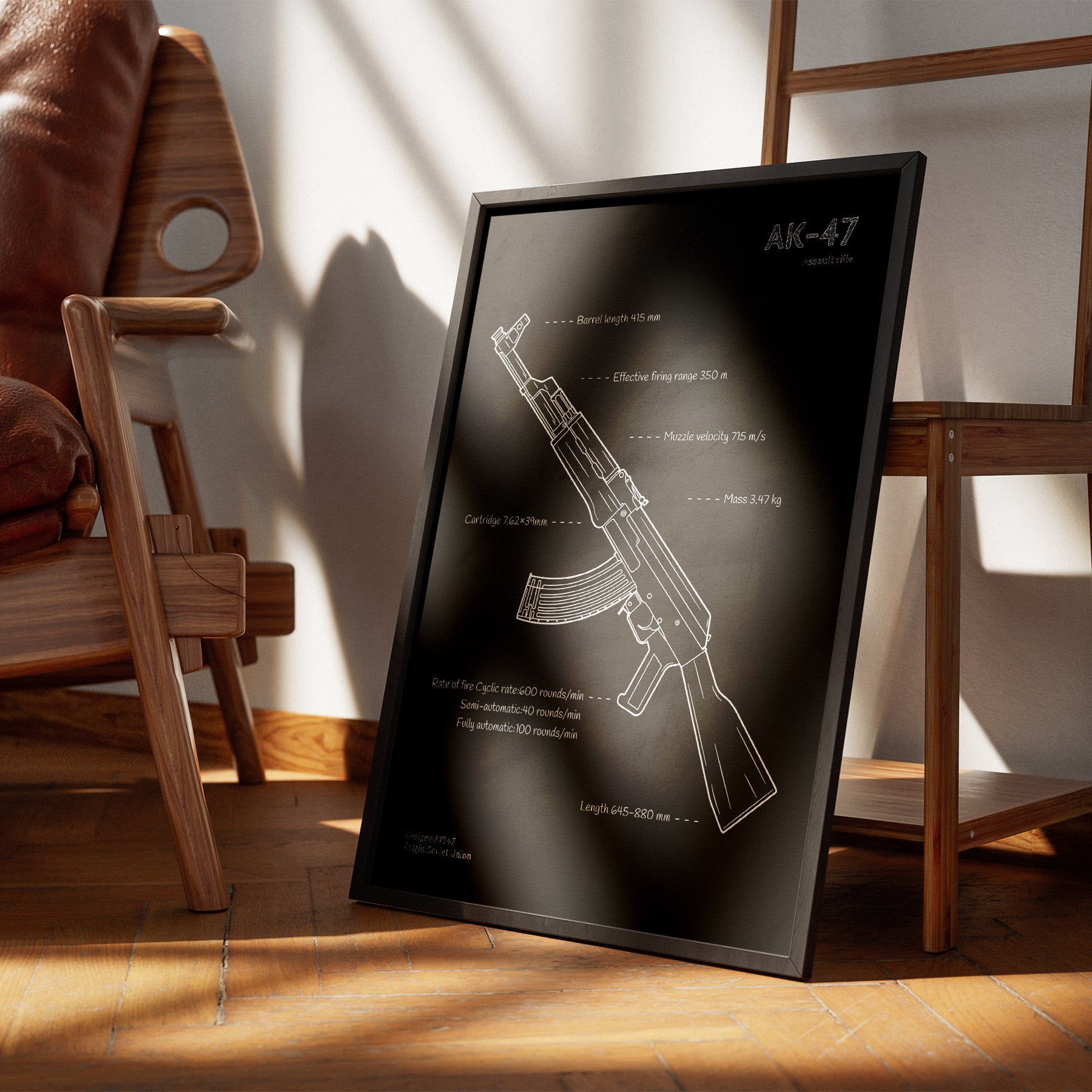 AK-47 gun blueprint - firearm wall decor displayed next to chair