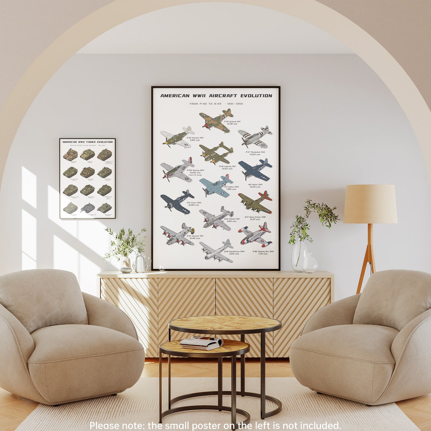 A framed vintage-style poster titled 'American War Aircraft Evolution' hangs on a light wall in a staged living room with two beige armchairs, a small round table, a floor lamp, and a cabinet. The poster shows multiple illustrated airplanes with labels.