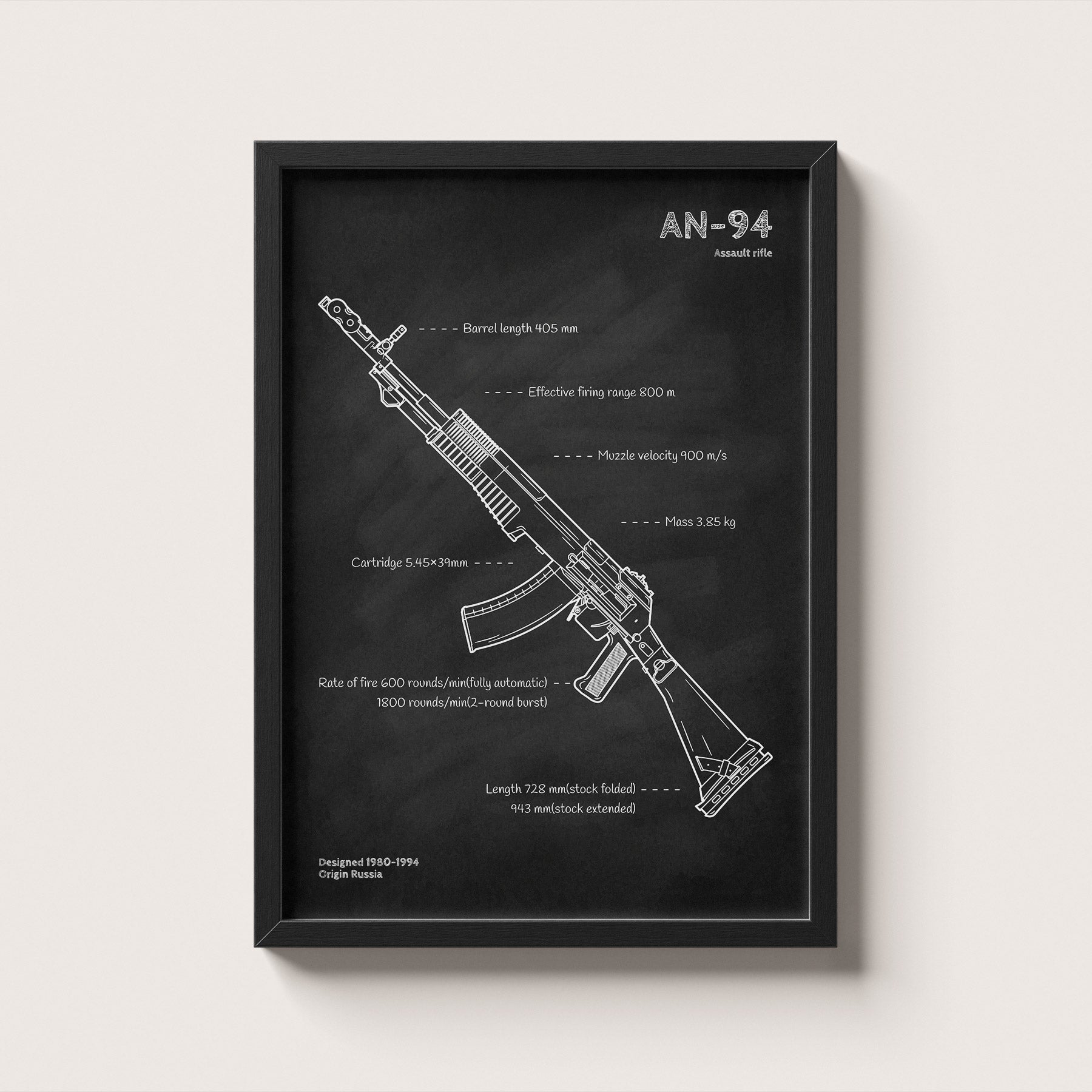 Framed AN-94 rifle blueprint poster - minimalist firearm wall art hanging on wall
