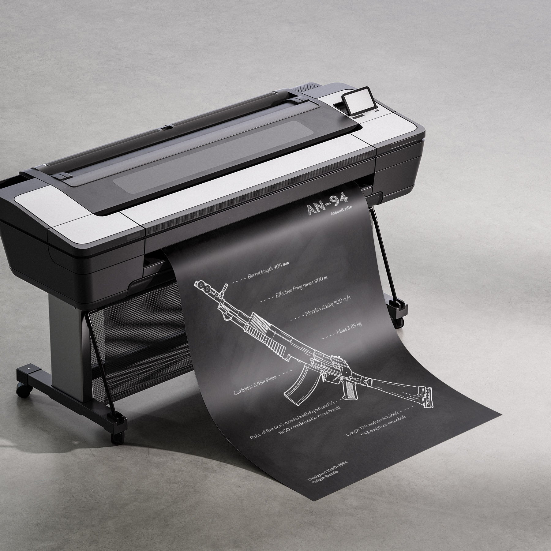 AN-94 rifle blueprint being printed - firearm engineering wall art in progress