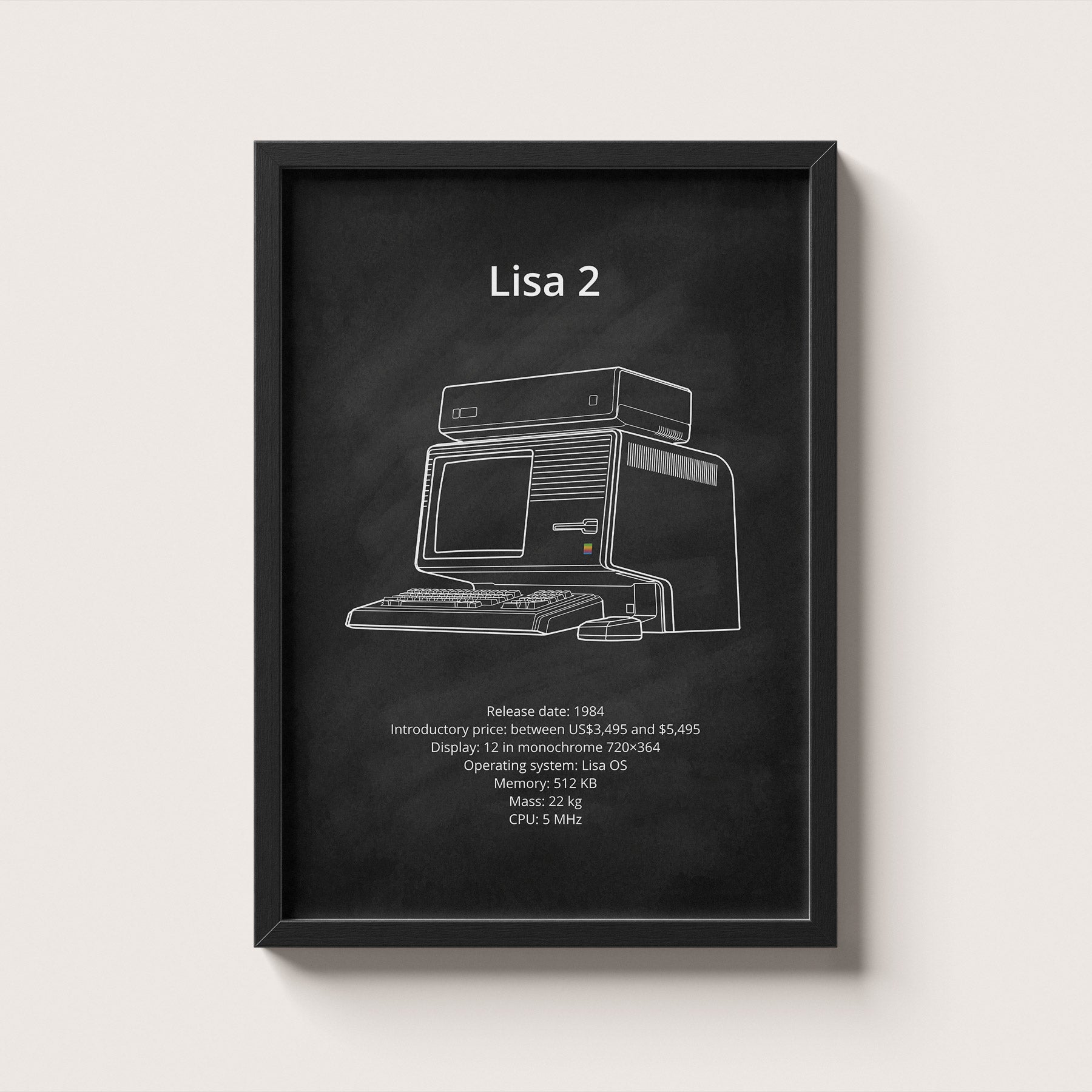 Framed poster of a vintage computer design labeled 'Lisa 2' on a white background