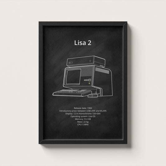 Framed poster of a vintage computer design labeled 'Lisa 2' on a white background