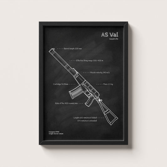 Framed AS Val blueprint poster - minimalist firearm wall art hanging on wall
