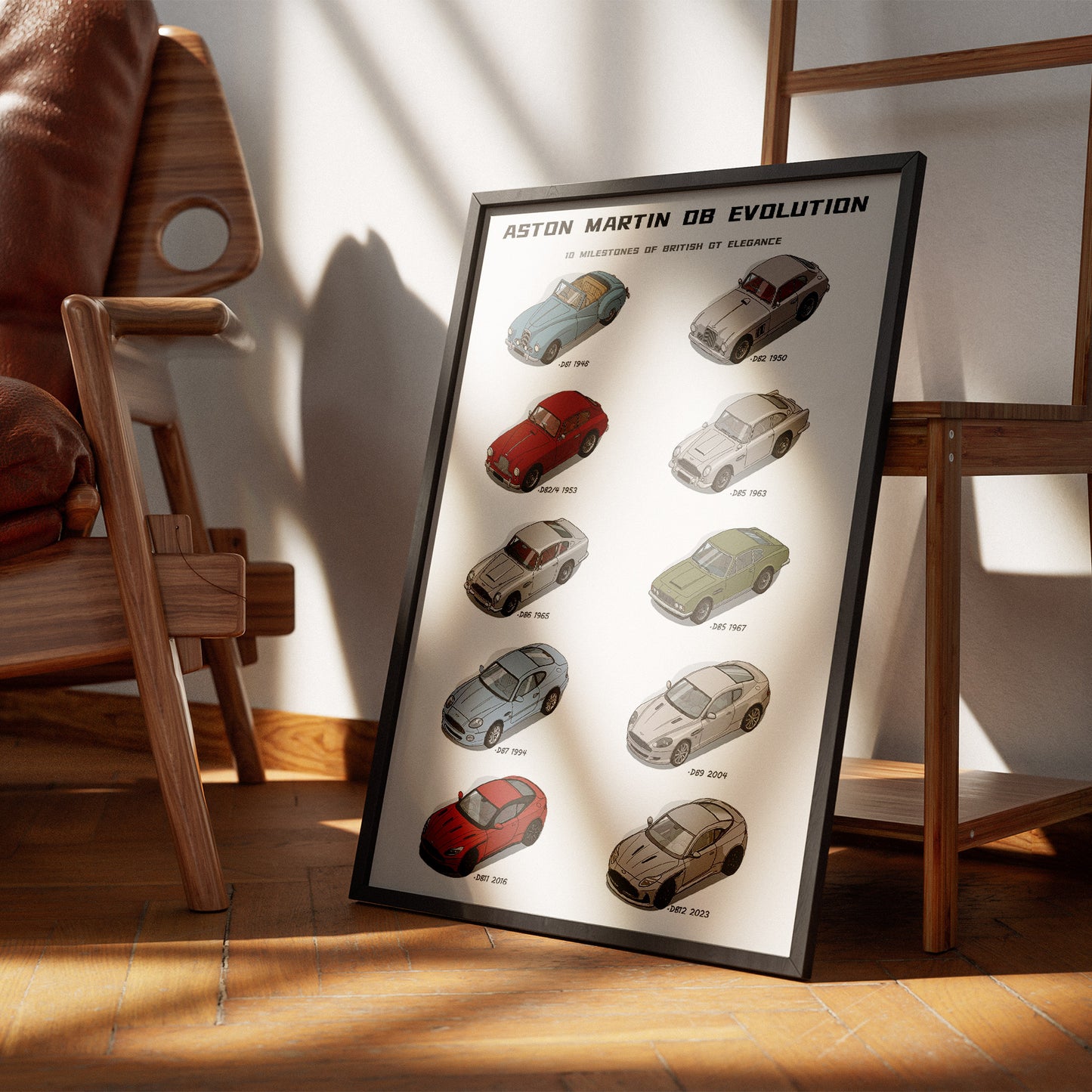 A framed poster titled 'ASTON MARTIN DB EVOLUTION' leaning against a wall on a wooden floor, showing illustrated evolution diagrams of car models. The scene includes a wooden chair and stool with warm sunlight casting shadows.