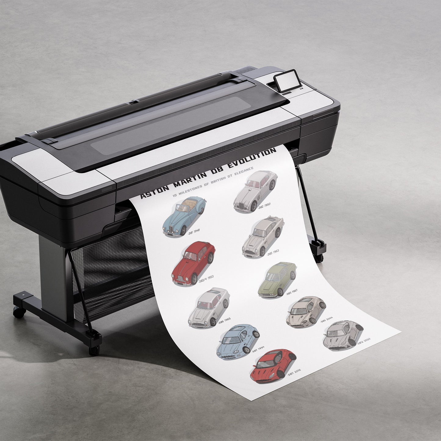A large black and white industrial printer on a stand, printing and releasing a long sheet of paper featuring illustrated Aston Martin cars with the text 'ASTON MARTIN DB EVOLUTION'.
