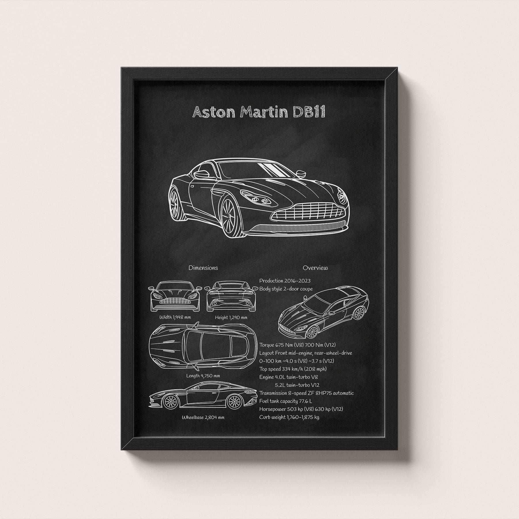 Framed poster of an Aston Martin DB11 with technical drawings on a black background