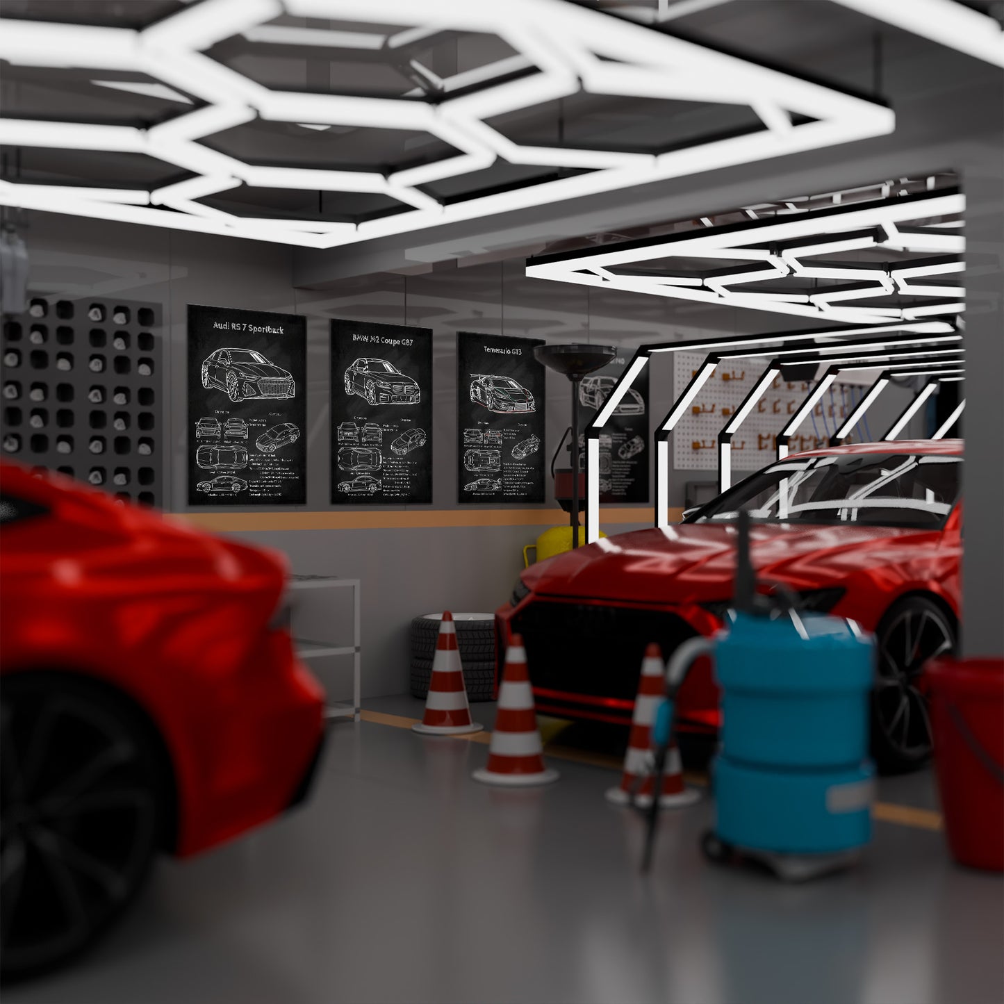 Audi RS 7 Modern car showroom with red cars, geometric ceiling design, and automotive posters.