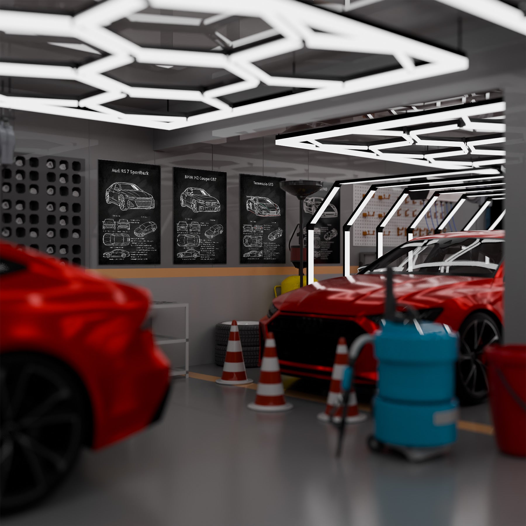 Audi RS 7 Modern car showroom with red cars, geometric ceiling design, and automotive posters.
