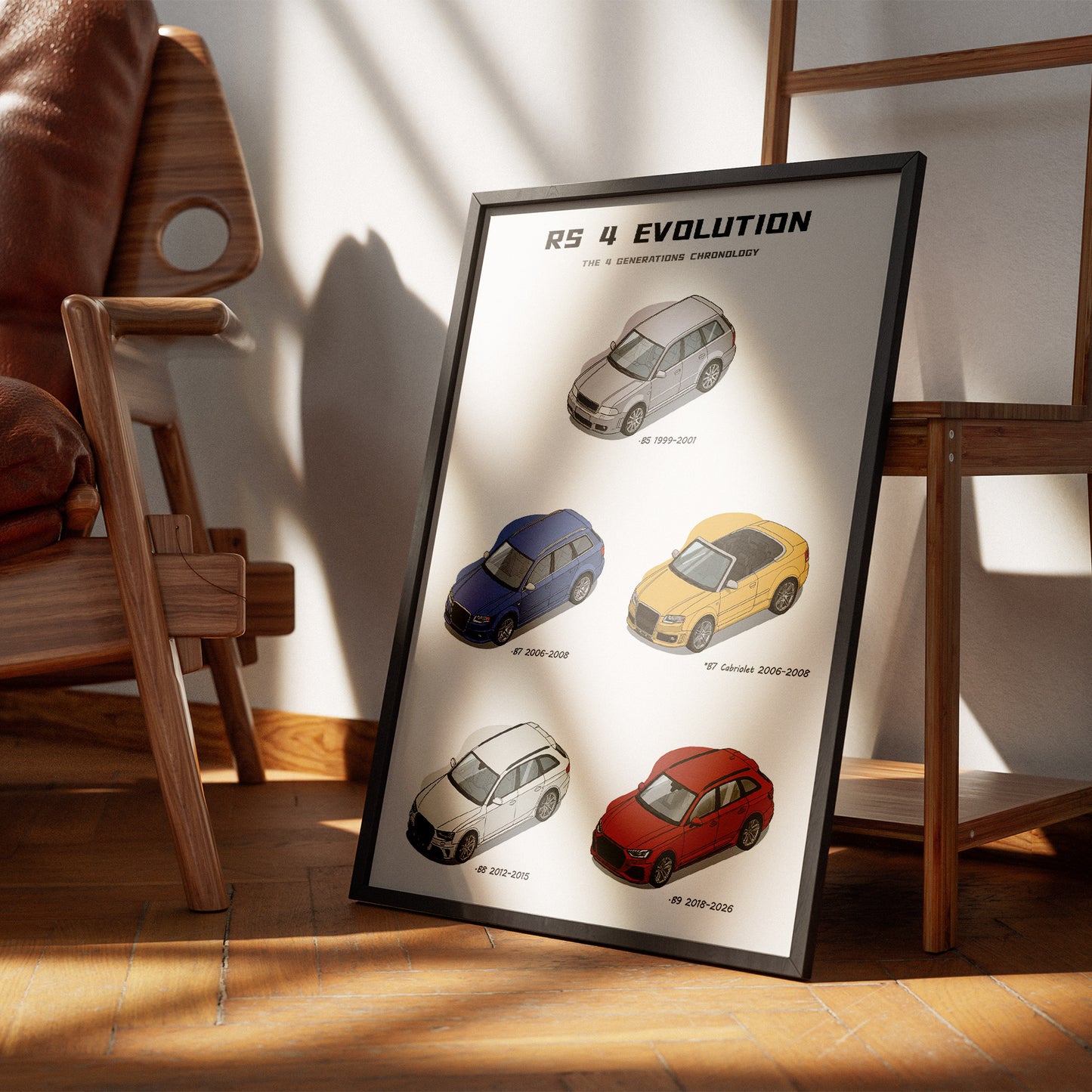 Framed poster of car models on a wall with wooden furniture and sunlight casting shadows.