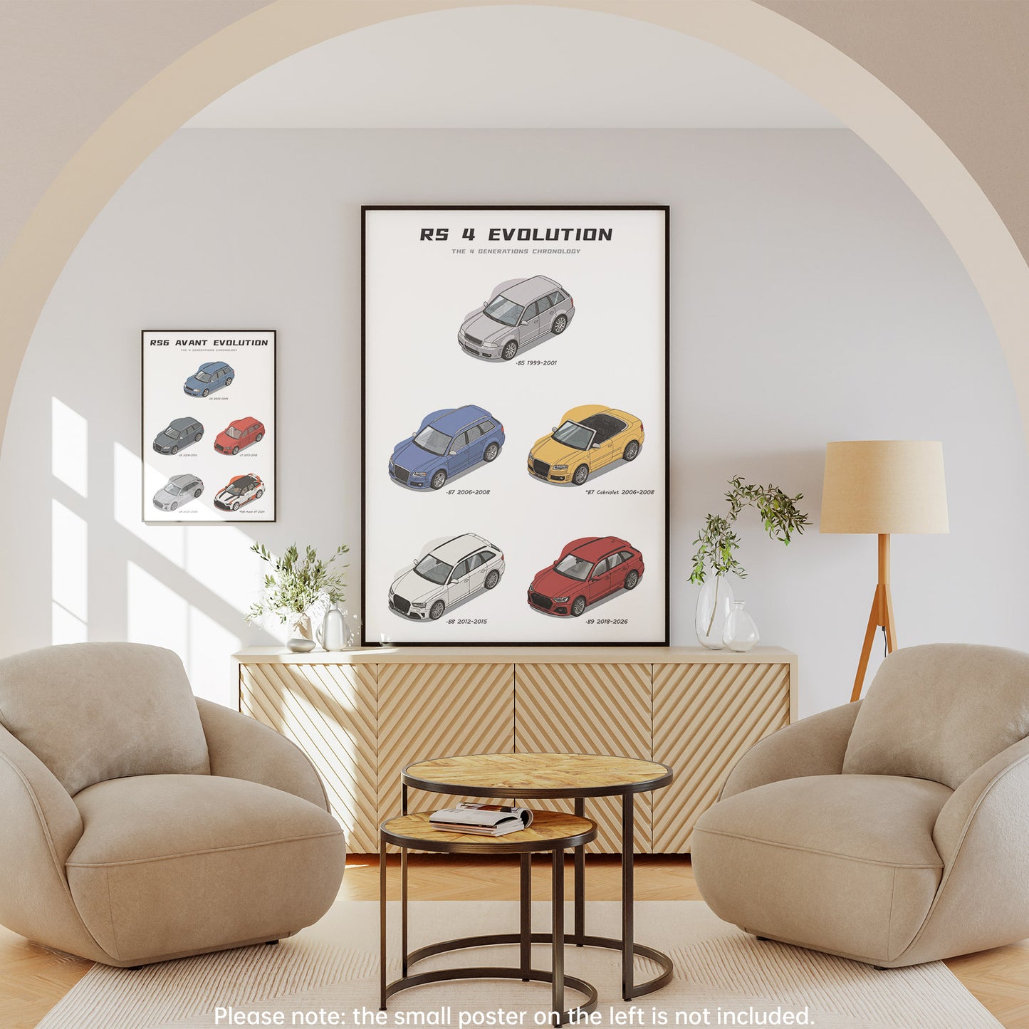 Living room with a wall displaying framed car posters and beige armchairs.