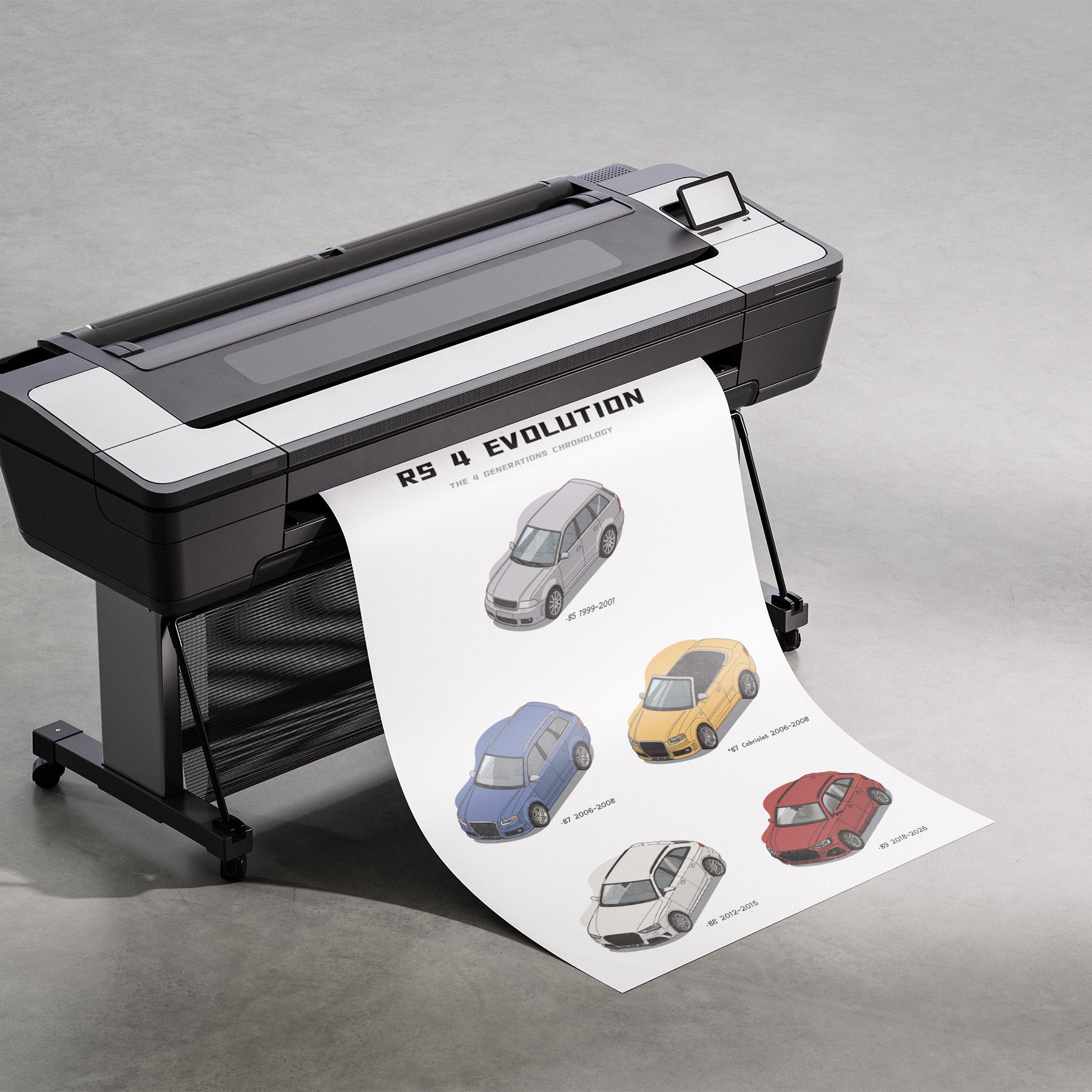 Large format printer with a sheet of paper featuring car illustrations on a gray background