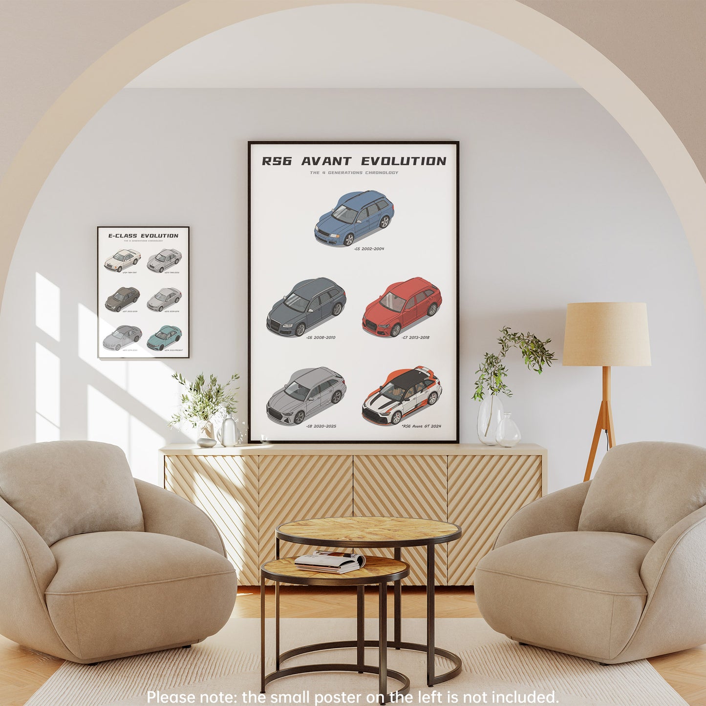 Living room with a modern sofa set and two framed posters on the wall.