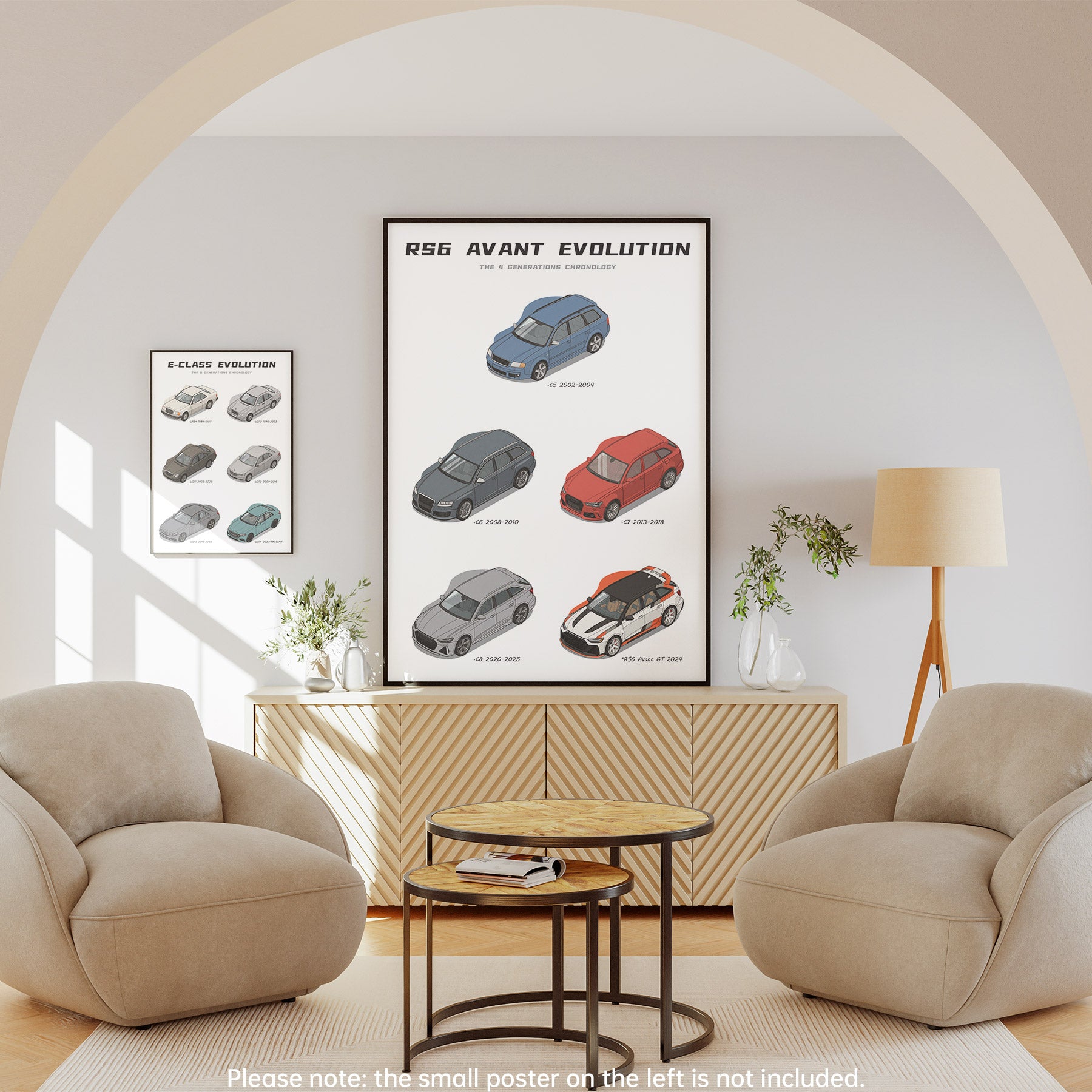 Living room with a modern sofa set and two framed posters on the wall.