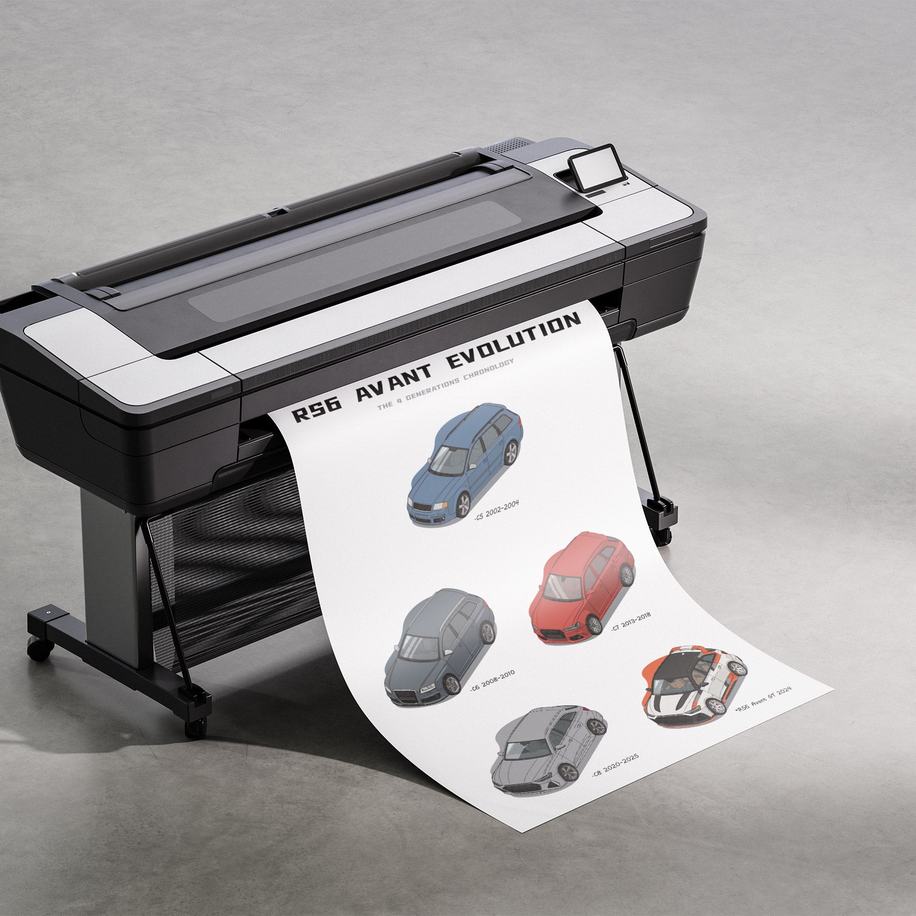 Printer with a sheet of paper displaying Audi RS 6 Evolution illustrations on a gray background