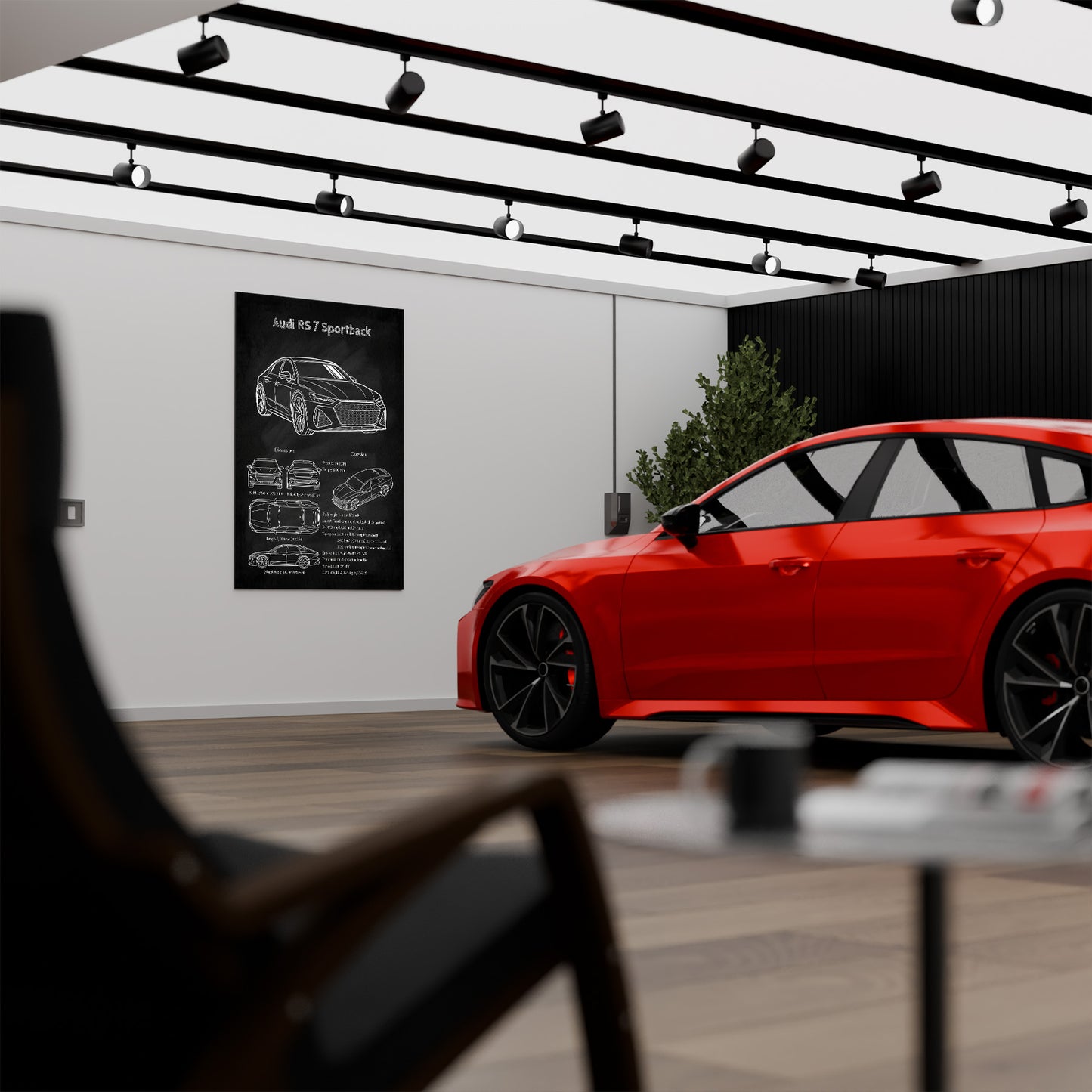 Audi RS 7 in a modern interior setting with a car blueprint poster on the wall.