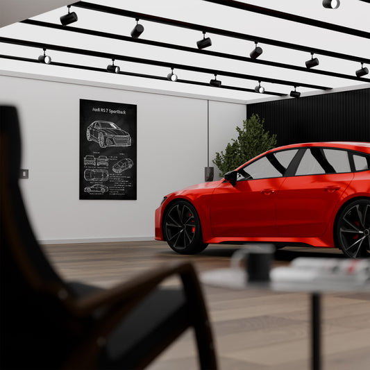 Audi RS 7 in a modern interior setting with a car blueprint poster on the wall.