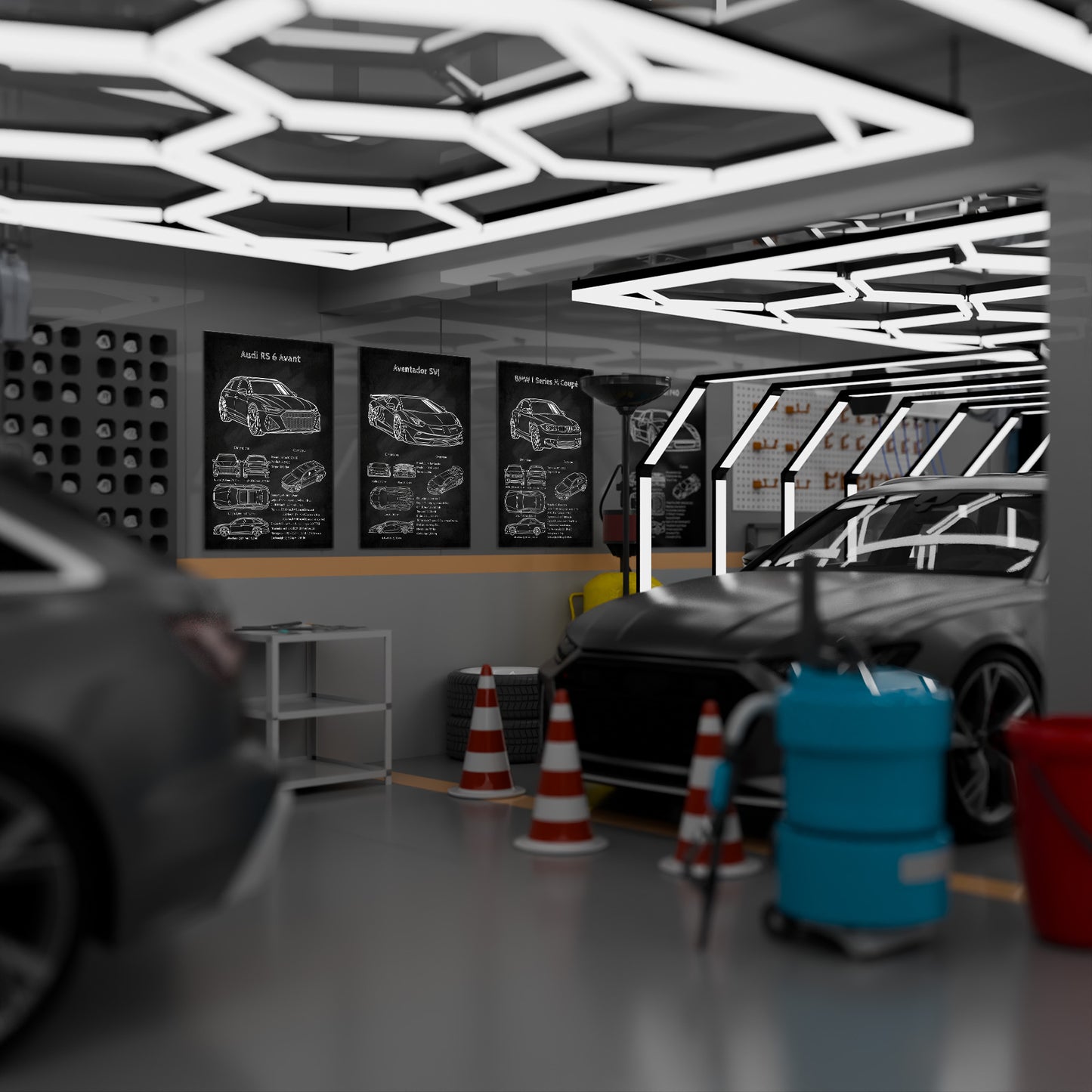 Audi RS6 Avant car blueprint poster displayed on the wall inside a modern auto repair and tuning garage, creating a professional workshop atmosphere.