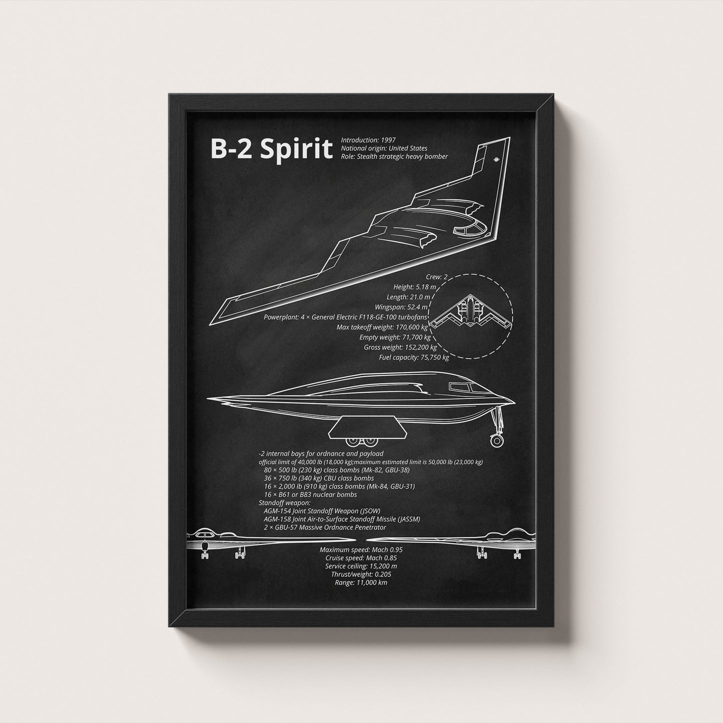 Framed B-2 Spirit blueprint poster hanging on wall – aviation wall art