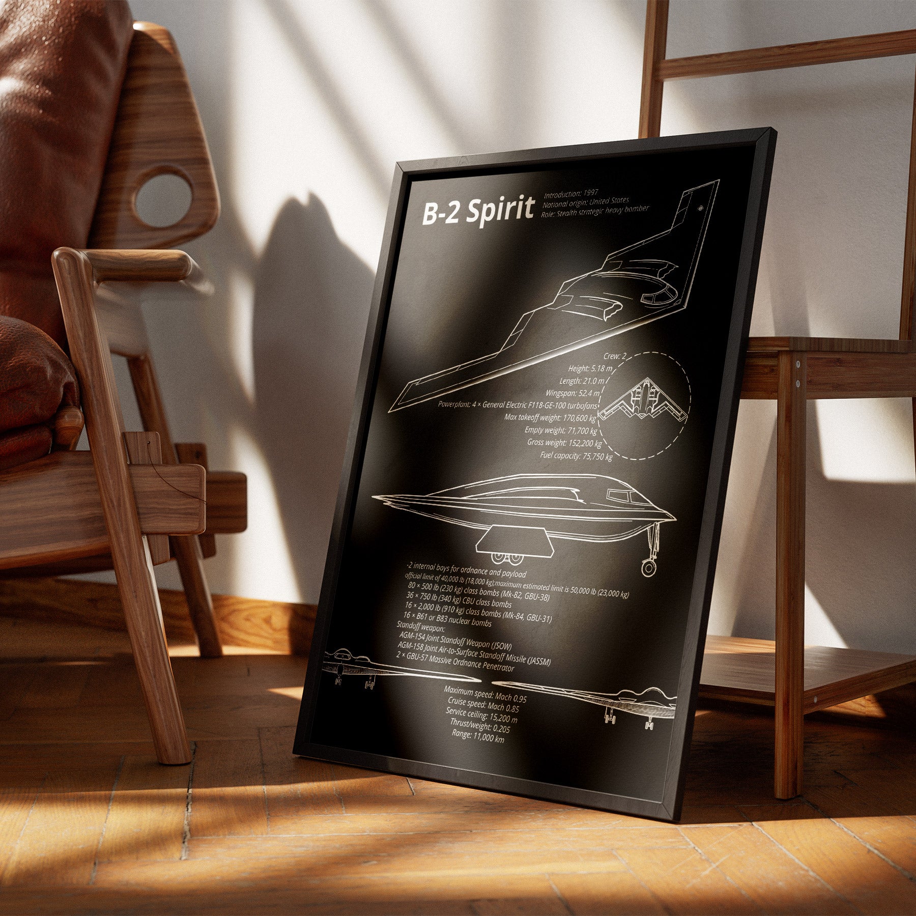 Framed B-2 Spirit blueprint leaning against chair – modern aviation decor