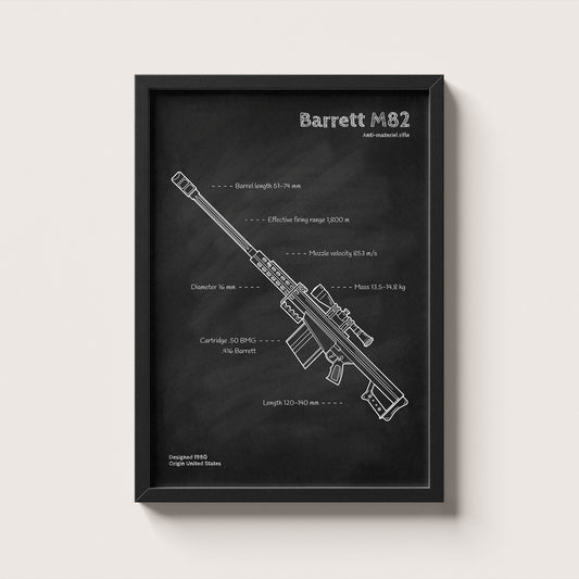 Framed Barrett M82 anti-materiel rifle blueprint poster - minimalist firearm wall art hanging on wall