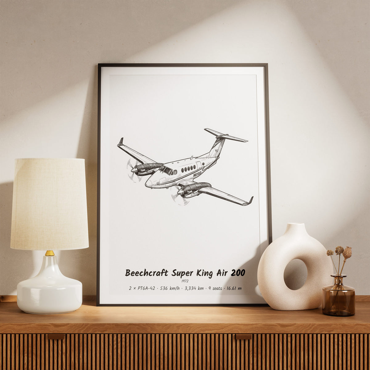 Framed Super King Air 200 Print on a Shelf