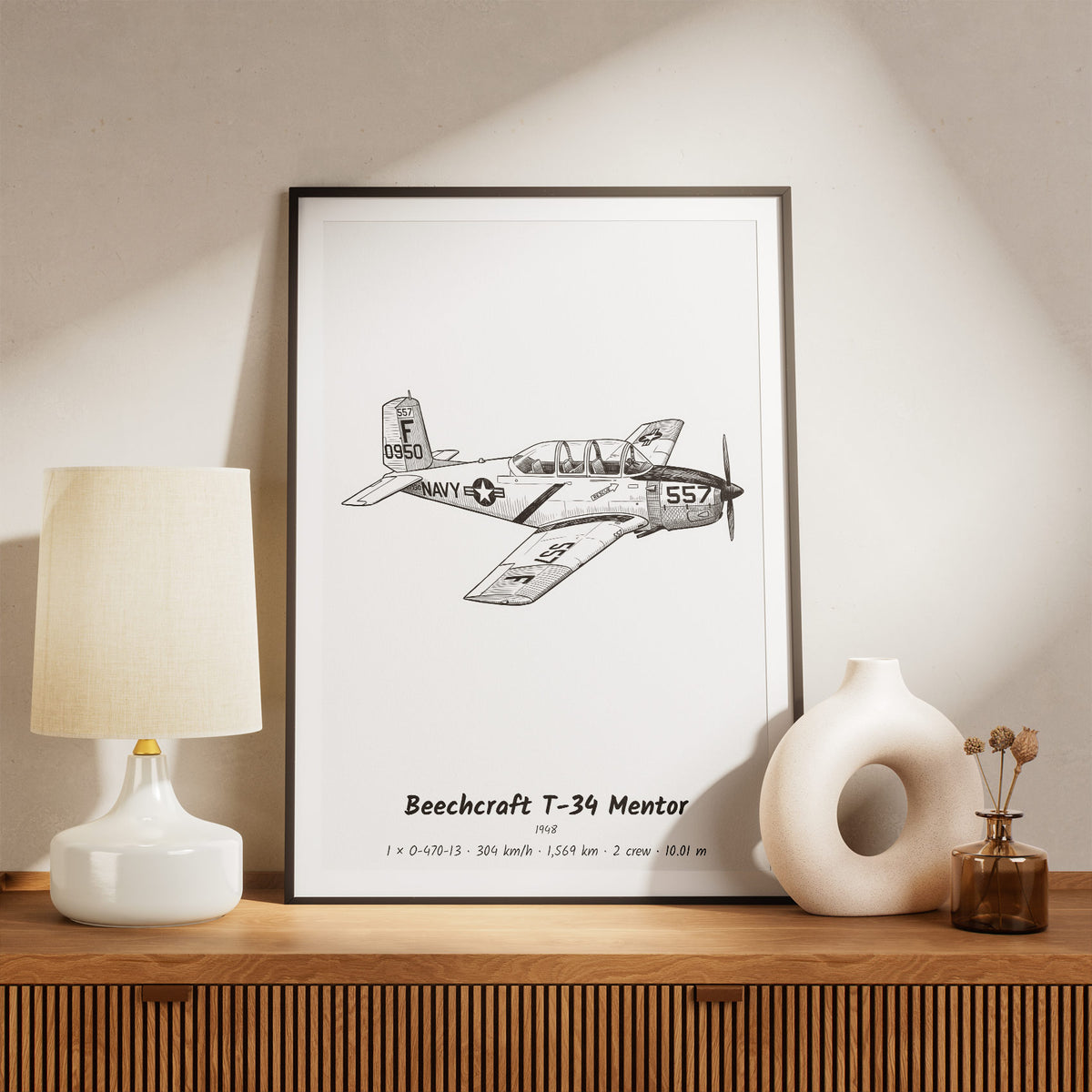 Framed Beechcraft T-34 Mentor Print on a Shelf