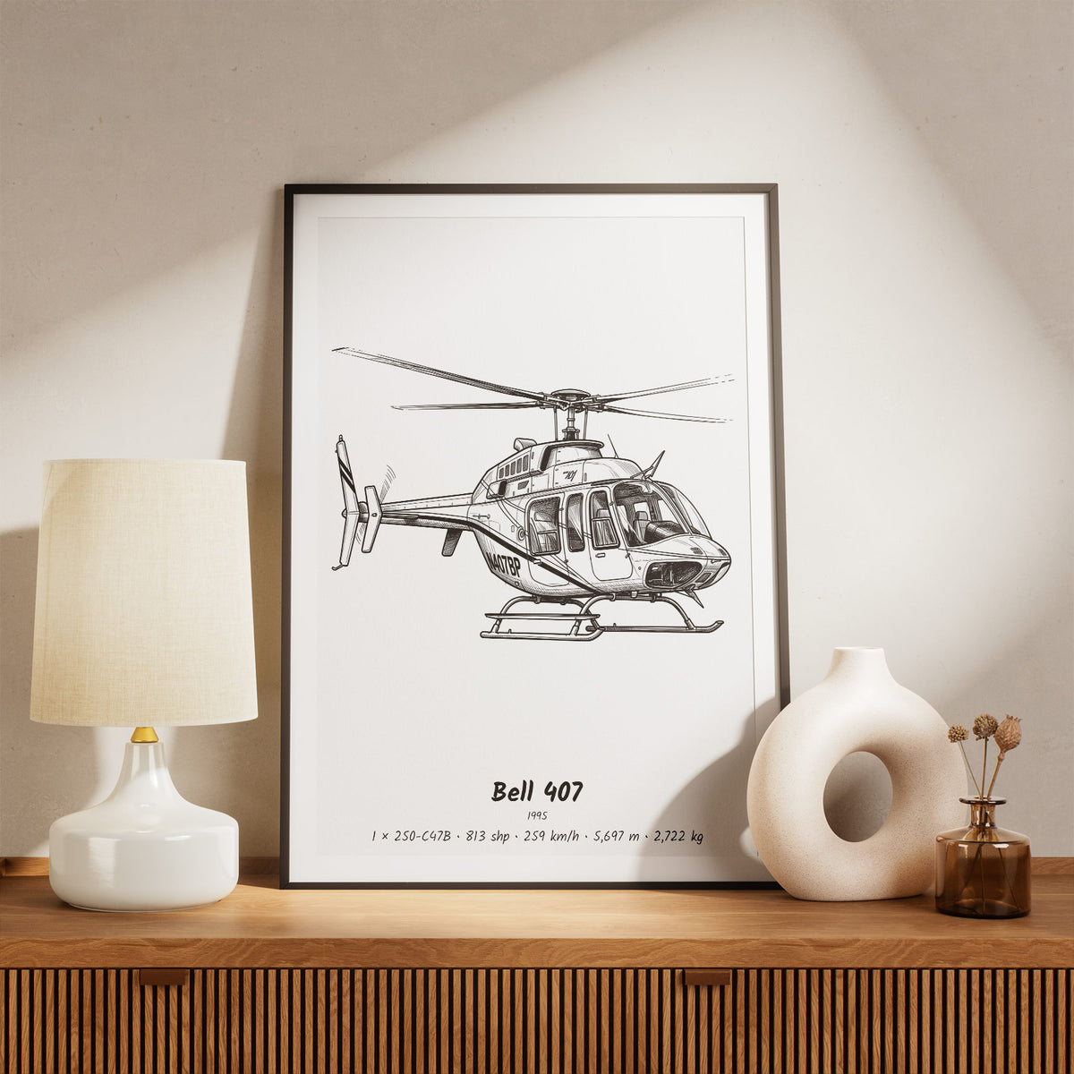Framed Bell 407 Print on a Shelf