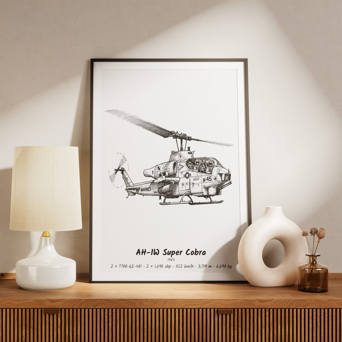 Framed AH-1W Super Cobra Print on a Shelf