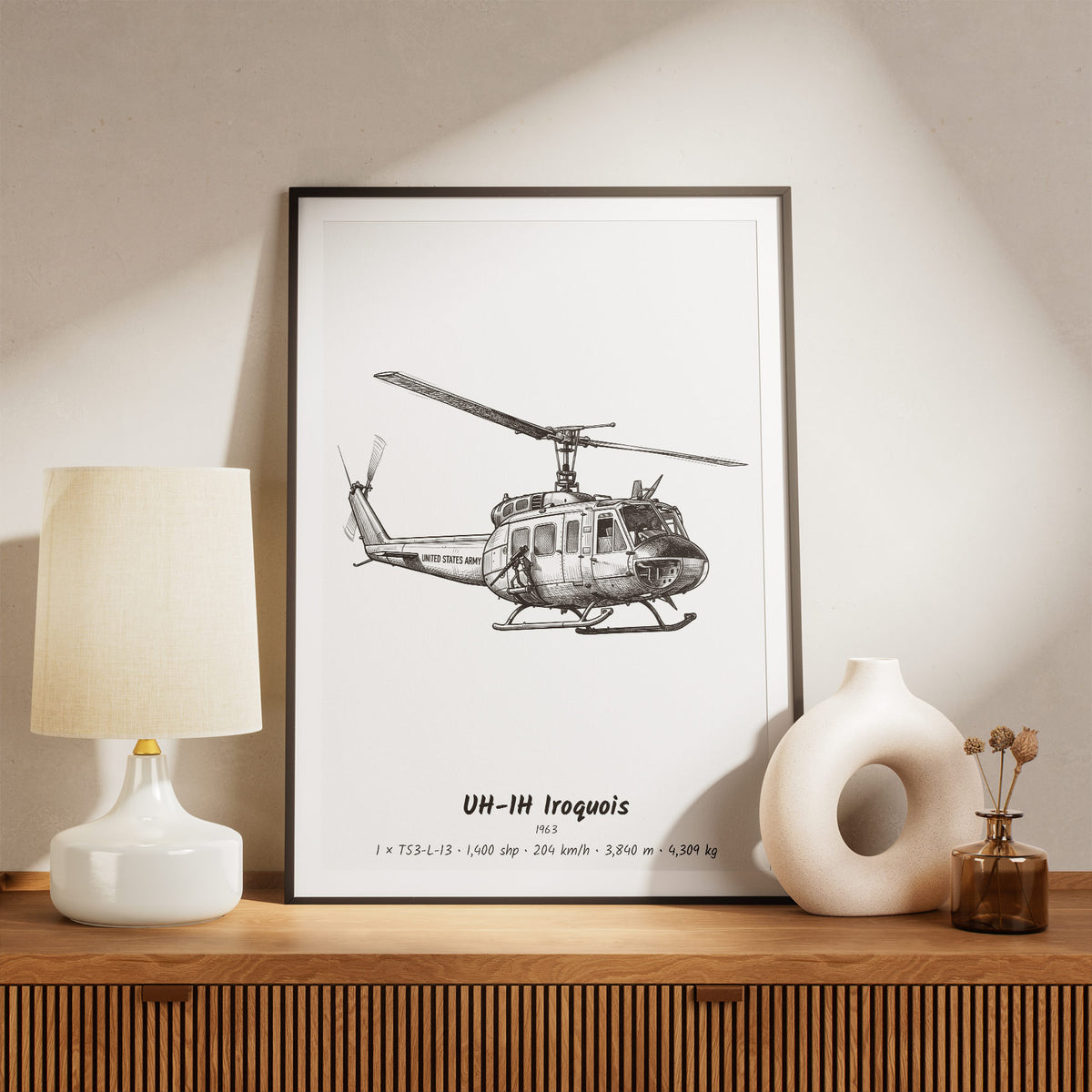 Framed UH-1H Huey Print on a Shelf