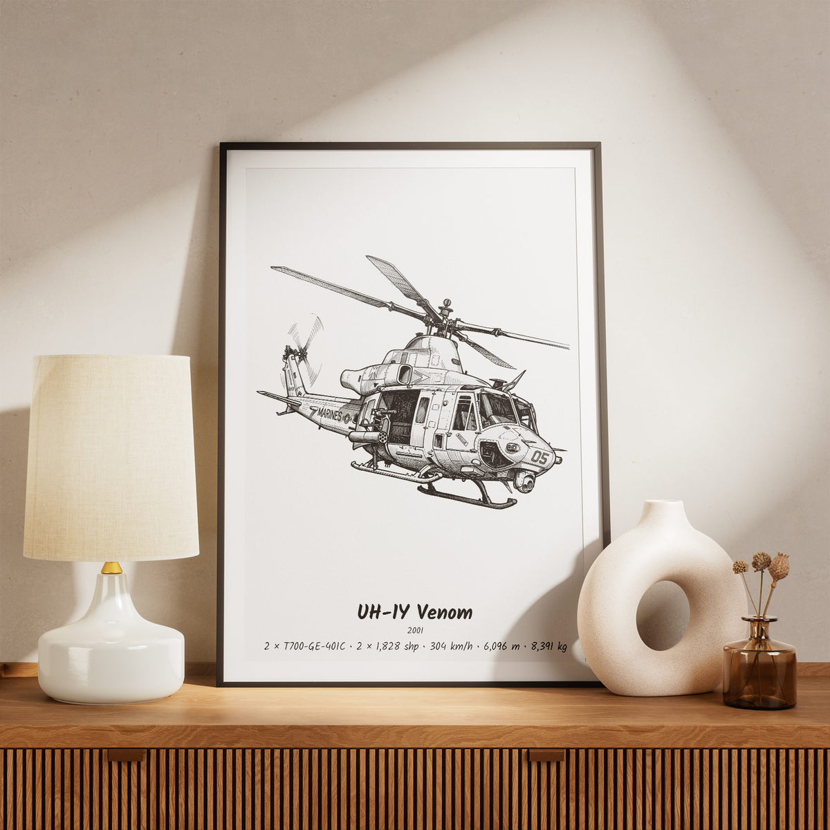 Framed UH-1Y Venom Print on a Shelf