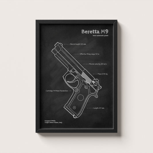 Framed artwork of a Beretta M9 pistol design on a black background