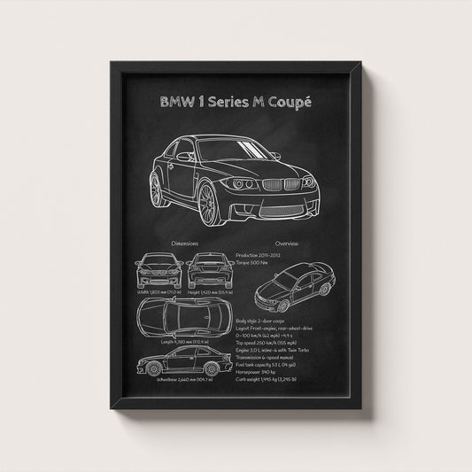 Framed black and white poster of a BMW 1M Coupe on a light gray background
