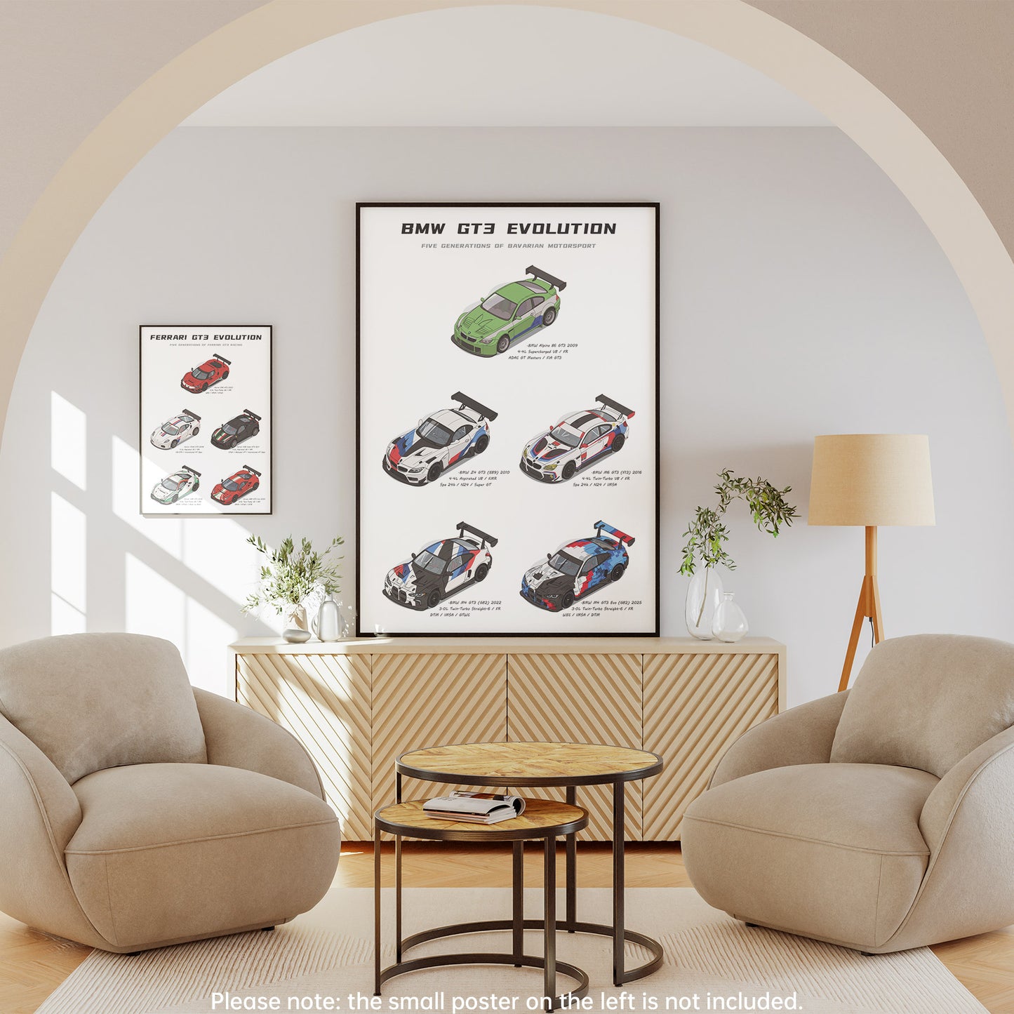 A framed BMW GT3 Evolution racing poster is displayed on a light gray wall in a modern living room setting with two beige armchairs, a wooden cabinet, and a floor lamp.